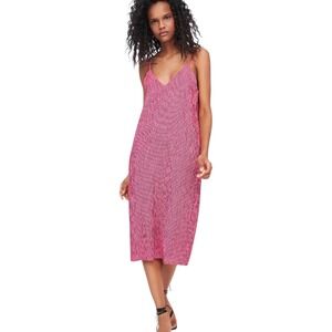 Zara Hot Pink Stretchy Tank V-Neck Midi Dress Spaghetti Strap Back Slit SZ Small